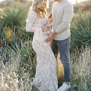 White lace corset square neck flare sleeve off the shoulder bodycon maternity